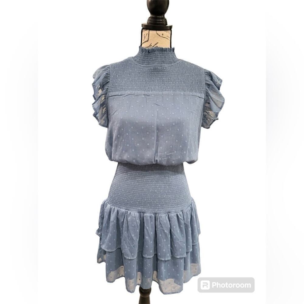 Aqua Ruffle Dress Smocked Short Sleeve Blue Swiss Dot Womens size Large - Picture 2 of 15